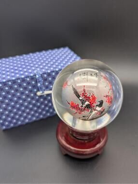 Vintage Chinese Reverse hand painted Glass Globe With Blossoms, Birds, & Display